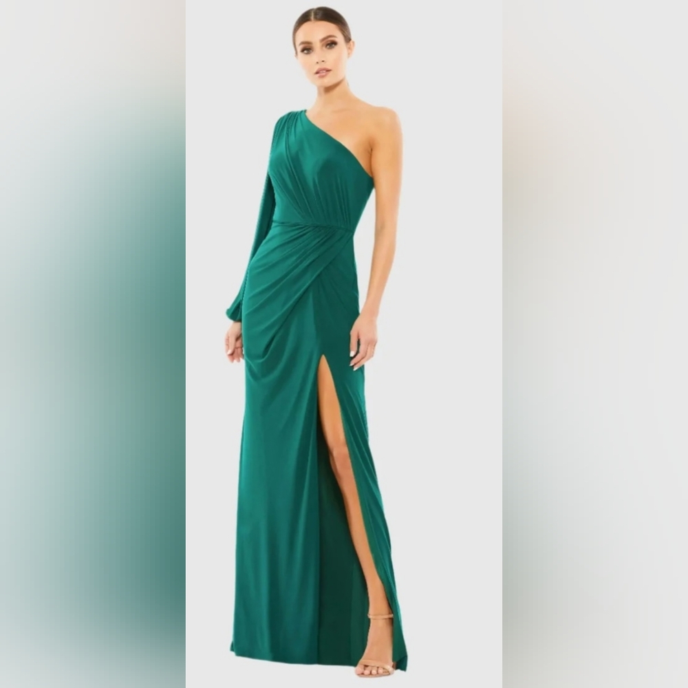 Mac Duggal Emerald Green One Shoulder Puff Sleeve Faux Wrap Gown Sz 8 Green NWT